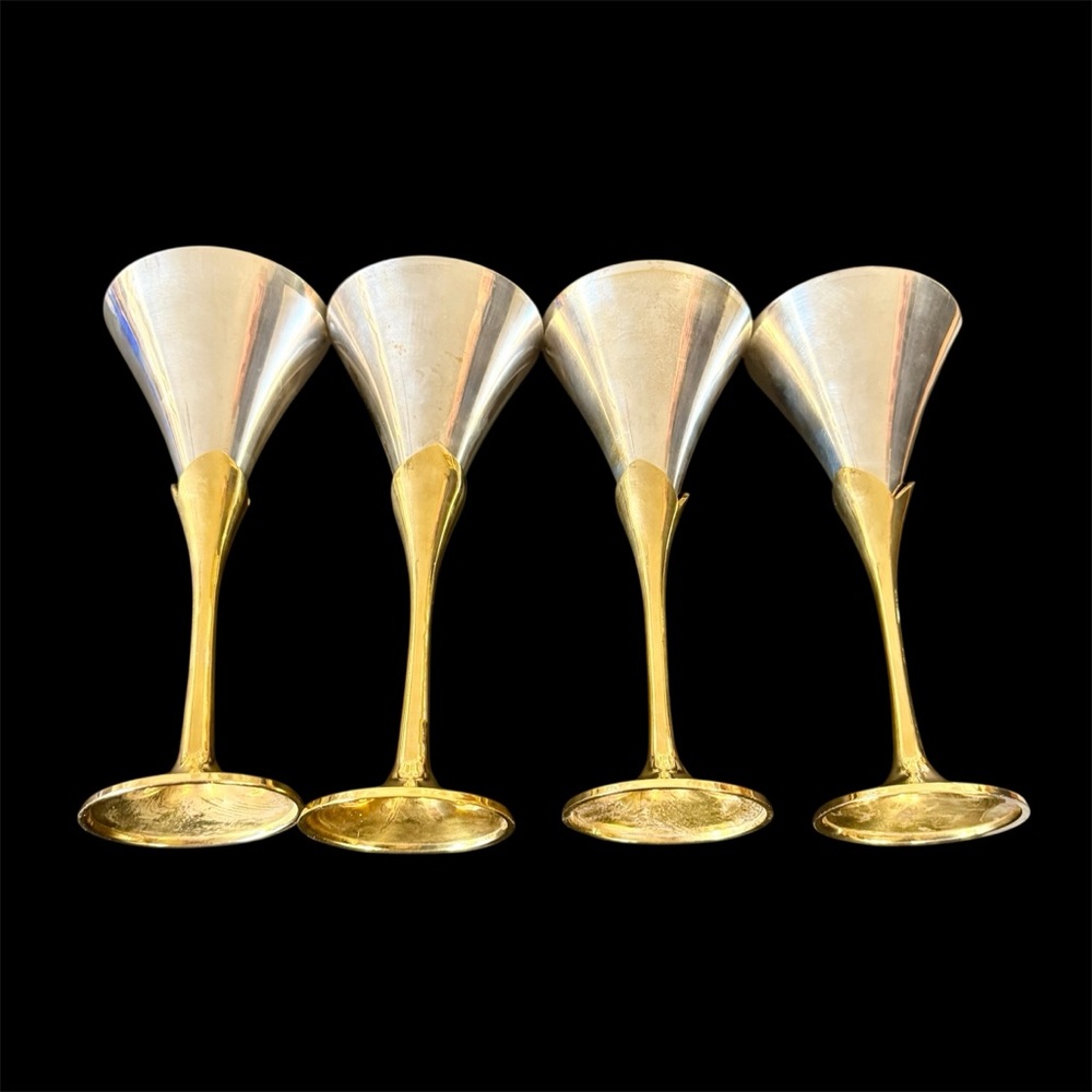 4 Wine goblets SP brass stems. Vintage sculptural mid century modern classic
